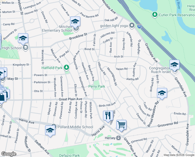 map of restaurants, bars, coffee shops, grocery stores, and more near 230 Hillcrest Road in Needham