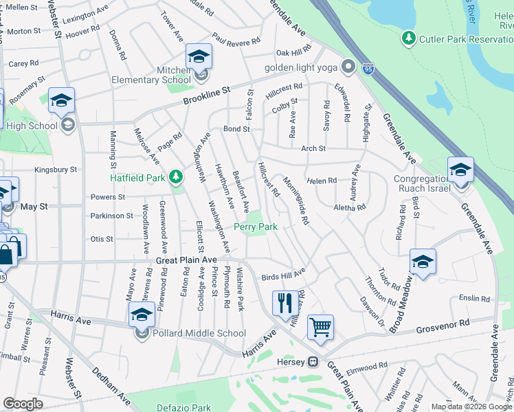 map of restaurants, bars, coffee shops, grocery stores, and more near 230 Hillcrest Road in Needham