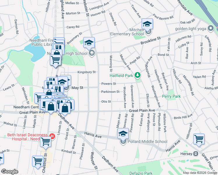 map of restaurants, bars, coffee shops, grocery stores, and more near 119 Powers Street in Needham