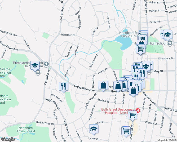 map of restaurants, bars, coffee shops, grocery stores, and more near 65 Blacksmith Drive in Needham