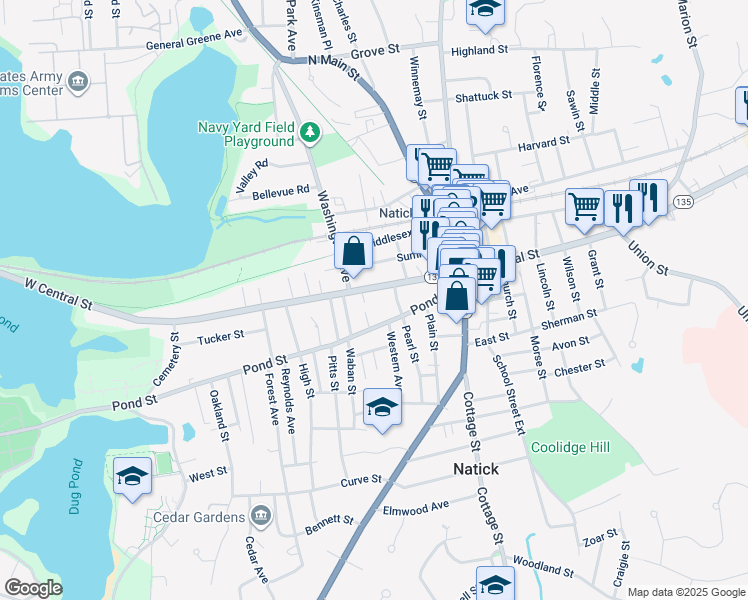 map of restaurants, bars, coffee shops, grocery stores, and more near 35 West Central Street in Natick