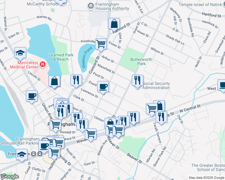map of restaurants, bars, coffee shops, grocery stores, and more near 165 Grant Street in Framingham