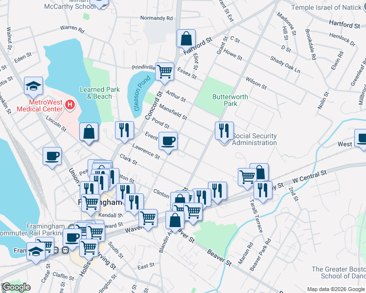 map of restaurants, bars, coffee shops, grocery stores, and more near 165 Grant Street in Framingham