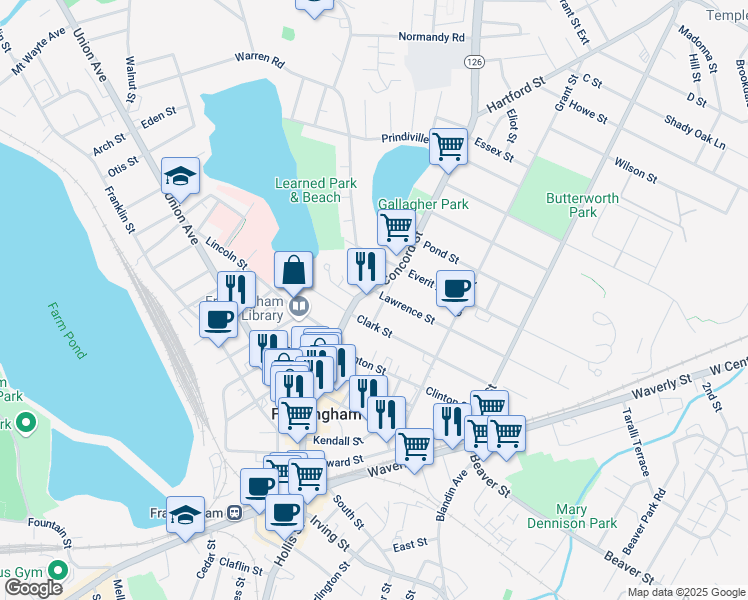 map of restaurants, bars, coffee shops, grocery stores, and more near 301 Concord Street in Framingham