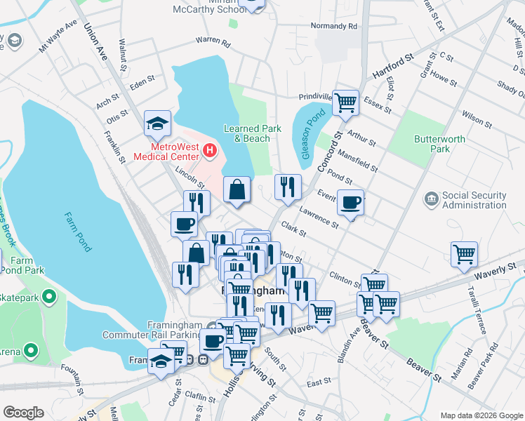 map of restaurants, bars, coffee shops, grocery stores, and more near 21 Elizabeth Circle in Framingham
