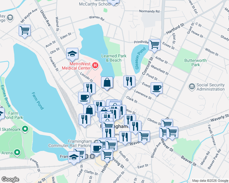 map of restaurants, bars, coffee shops, grocery stores, and more near 37 Oliver Street in Framingham