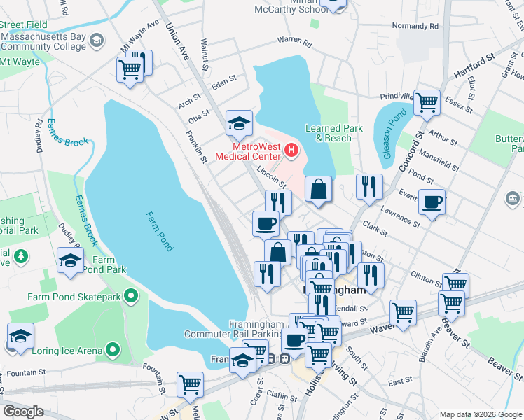 map of restaurants, bars, coffee shops, grocery stores, and more near 25 Brewster Road in Framingham