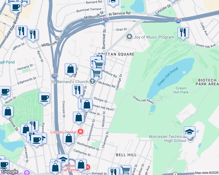 map of restaurants, bars, coffee shops, grocery stores, and more near 19 Mckinley Road in Worcester