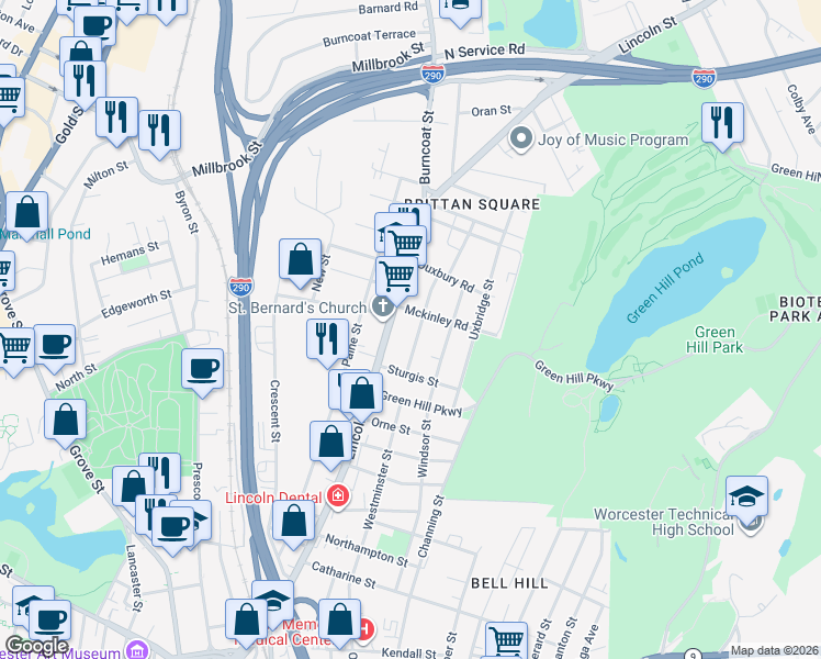 map of restaurants, bars, coffee shops, grocery stores, and more near 3 Mckinley Road in Worcester