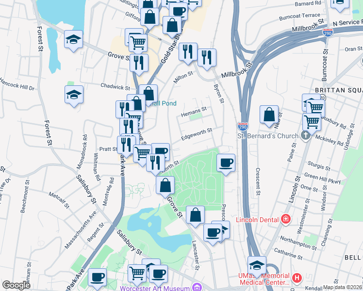 map of restaurants, bars, coffee shops, grocery stores, and more near 56 Edgeworth Street in Worcester