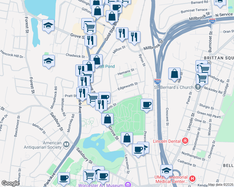 map of restaurants, bars, coffee shops, grocery stores, and more near 56 Edgeworth Street in Worcester