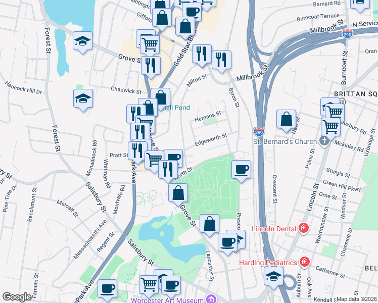 map of restaurants, bars, coffee shops, grocery stores, and more near 56 Edgeworth Street in Worcester