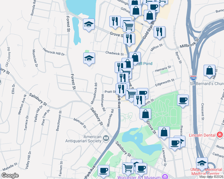 map of restaurants, bars, coffee shops, grocery stores, and more near 111 Monadnock Road in Worcester