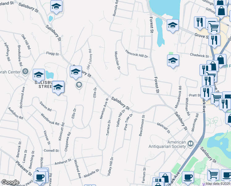 map of restaurants, bars, coffee shops, grocery stores, and more near 360 Salisbury Street in Worcester