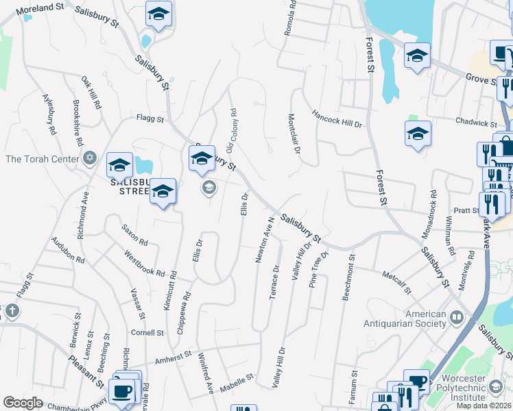 map of restaurants, bars, coffee shops, grocery stores, and more near 18 Surrey Lane in Worcester