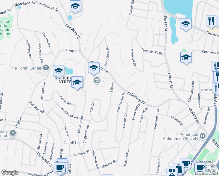map of restaurants, bars, coffee shops, grocery stores, and more near 11 Salisbury Lane in Worcester