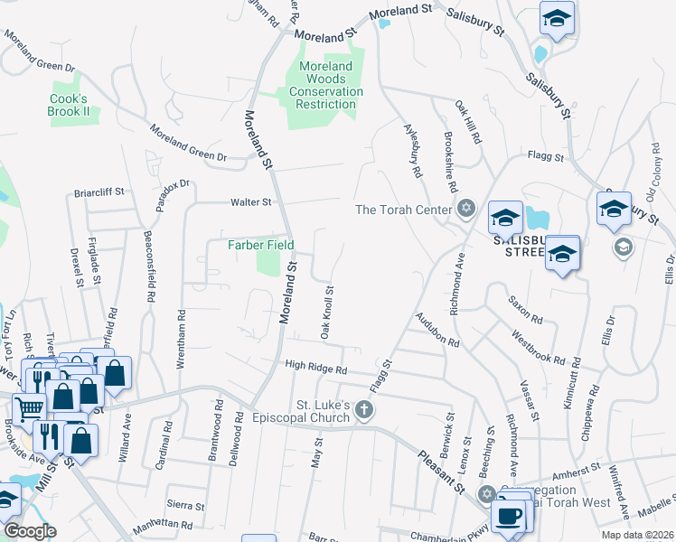 map of restaurants, bars, coffee shops, grocery stores, and more near 45 Oak Knoll Street in Worcester