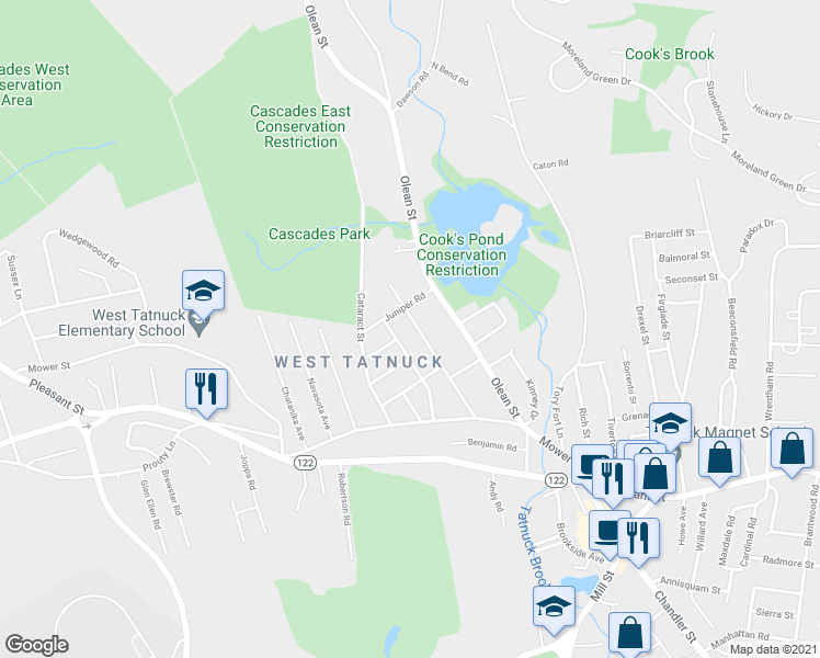 map of restaurants, bars, coffee shops, grocery stores, and more near 48 Stark Road in Worcester