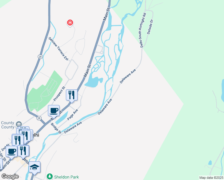 map of restaurants, bars, coffee shops, grocery stores, and more near 110 Delaware Avenue in Delhi