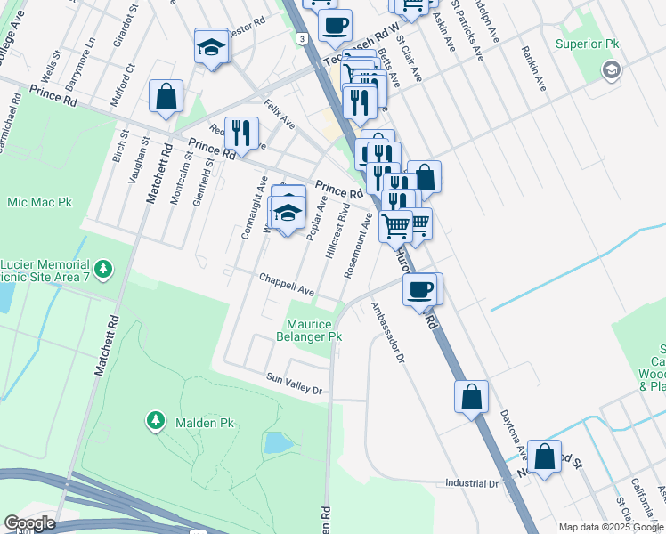 map of restaurants, bars, coffee shops, grocery stores, and more near 3822 Hillcrest Boulevard in Windsor