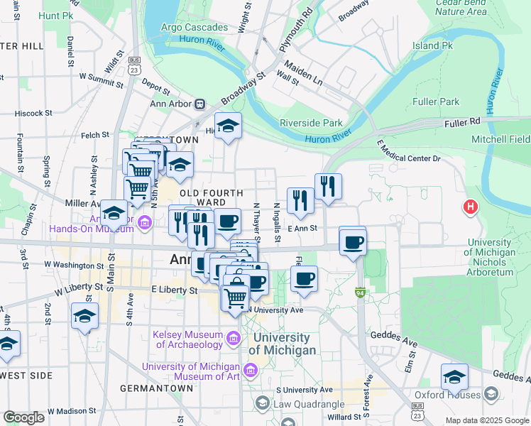 map of restaurants, bars, coffee shops, grocery stores, and more near 311 North Ingalls Street in Ann Arbor