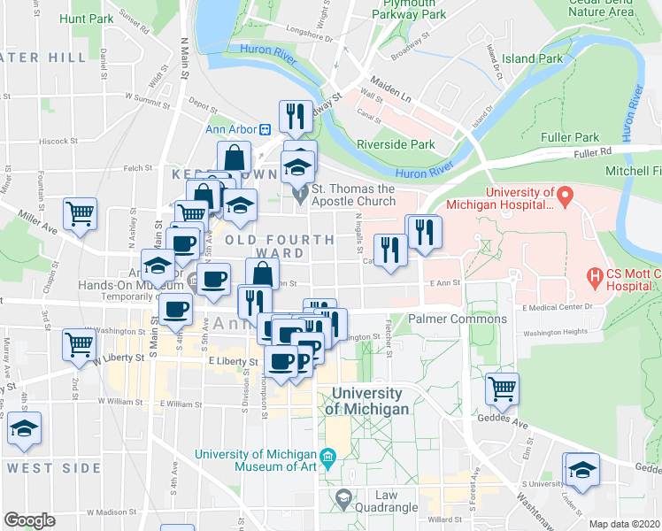 map of restaurants, bars, coffee shops, grocery stores, and more near 314 North State Street in Ann Arbor