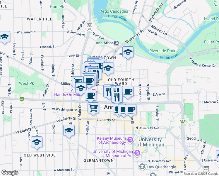 map of restaurants, bars, coffee shops, grocery stores, and more near in Ann Arbor