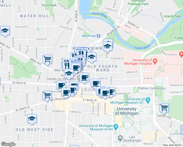 map of restaurants, bars, coffee shops, grocery stores, and more near 319 Catherine Street in Ann Arbor
