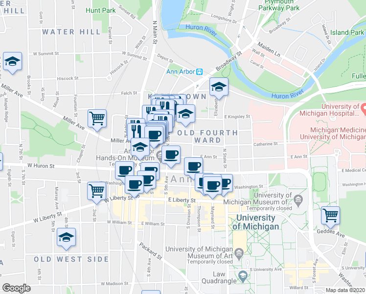 map of restaurants, bars, coffee shops, grocery stores, and more near 319 Catherine Street in Ann Arbor