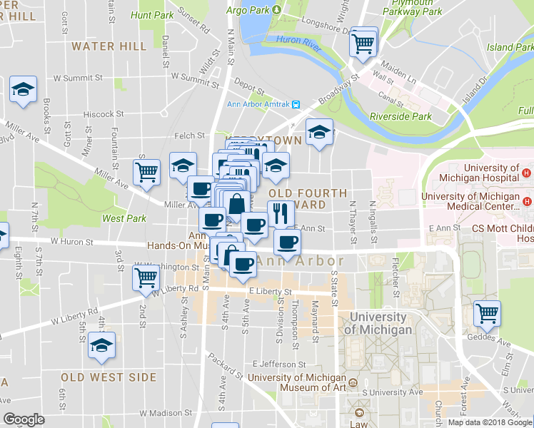 map of restaurants, bars, coffee shops, grocery stores, and more near 319 Catherine Street in Ann Arbor