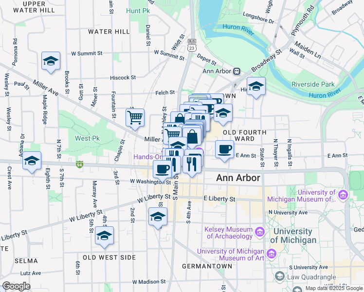 map of restaurants, bars, coffee shops, grocery stores, and more near 300 North Main Street in Ann Arbor