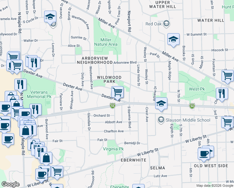 map of restaurants, bars, coffee shops, grocery stores, and more near 304 Pine Ridge Street in Ann Arbor