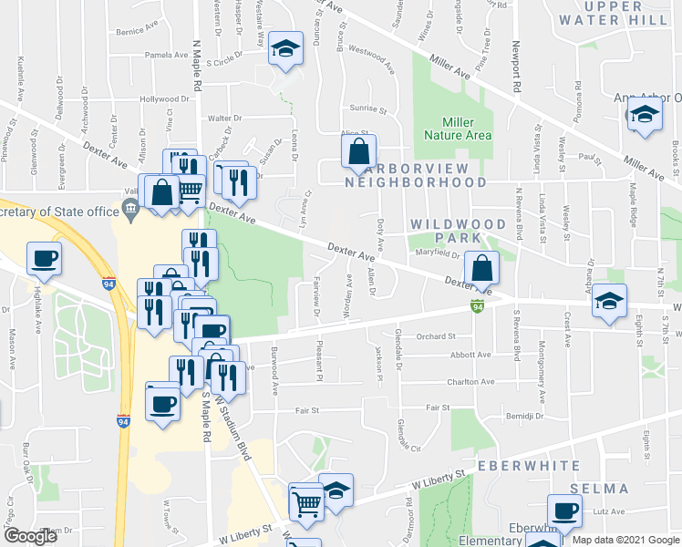 map of restaurants, bars, coffee shops, grocery stores, and more near 2101 Dexter Avenue in Ann Arbor