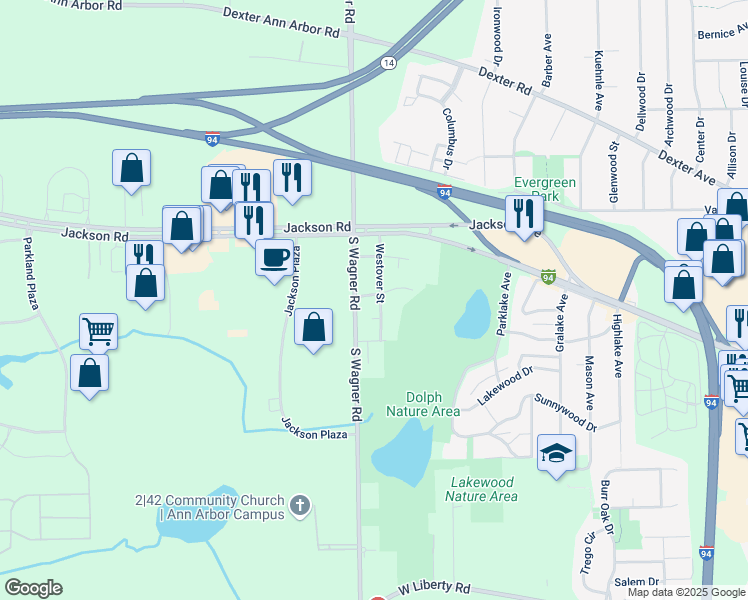 map of restaurants, bars, coffee shops, grocery stores, and more near 157 South Wagner Road in Ann Arbor