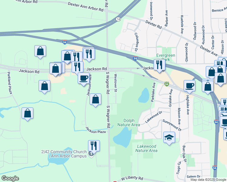 map of restaurants, bars, coffee shops, grocery stores, and more near 157 South Wagner Road in Ann Arbor