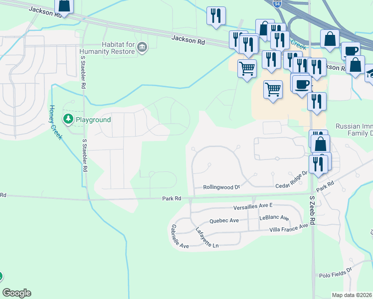 map of restaurants, bars, coffee shops, grocery stores, and more near 162 Rockwood Court in Ann Arbor