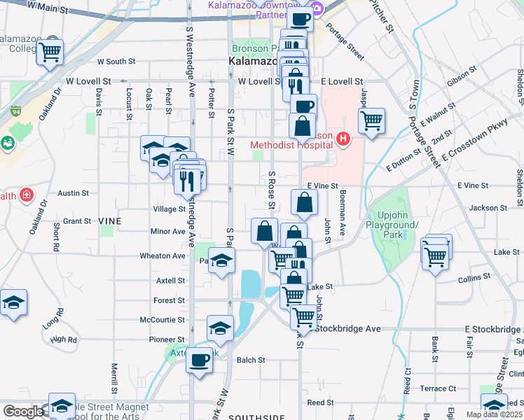 map of restaurants, bars, coffee shops, grocery stores, and more near 218 Rose Parkway in Kalamazoo