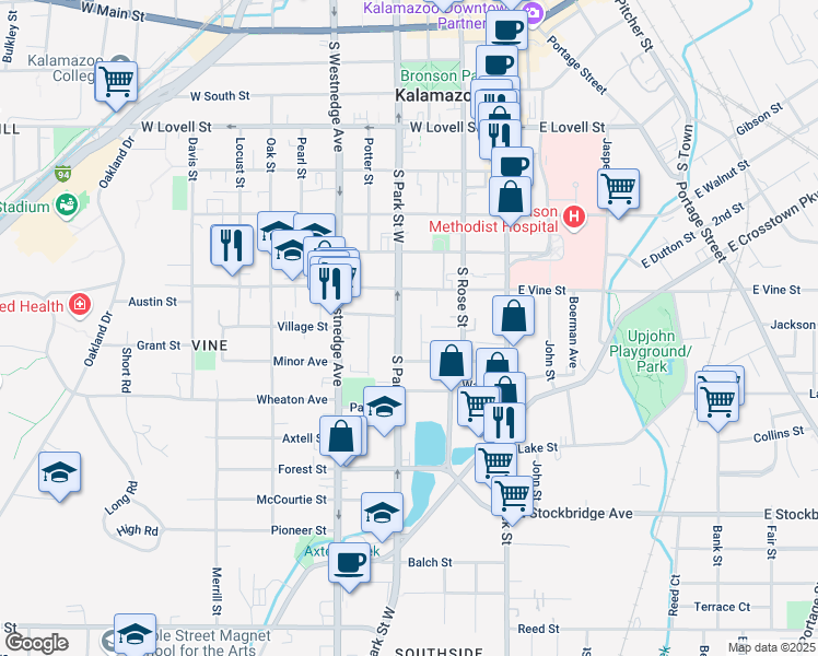 map of restaurants, bars, coffee shops, grocery stores, and more near 817 South Park Street in Kalamazoo