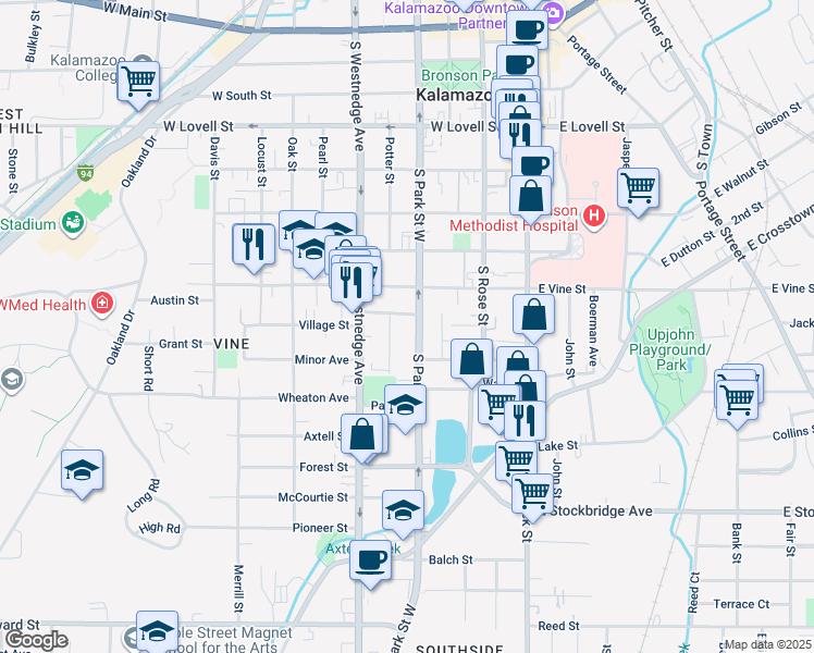 map of restaurants, bars, coffee shops, grocery stores, and more near 817 South Park Street in Kalamazoo