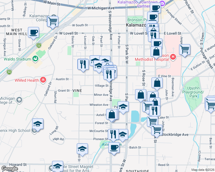 map of restaurants, bars, coffee shops, grocery stores, and more near 816 South Westnedge Avenue in Kalamazoo