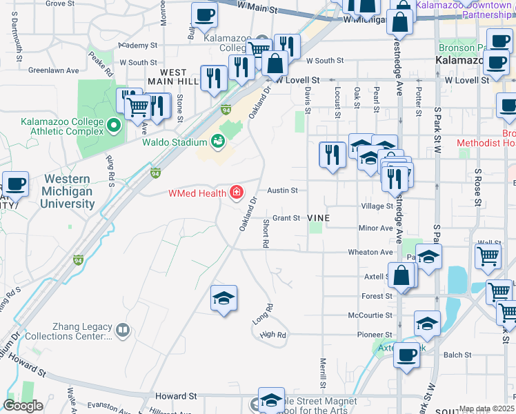 map of restaurants, bars, coffee shops, grocery stores, and more near 1000 Oakland Drive in Kalamazoo