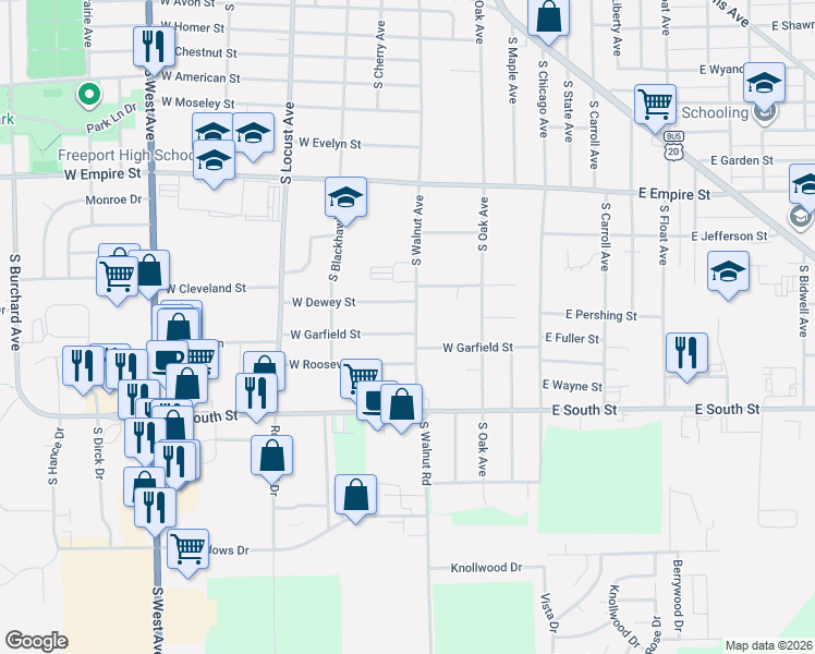 map of restaurants, bars, coffee shops, grocery stores, and more near 315 West Dewey Street in Freeport