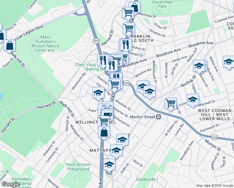 map of restaurants, bars, coffee shops, grocery stores, and more near 1210-1216 Blue Hill Avenue in Boston