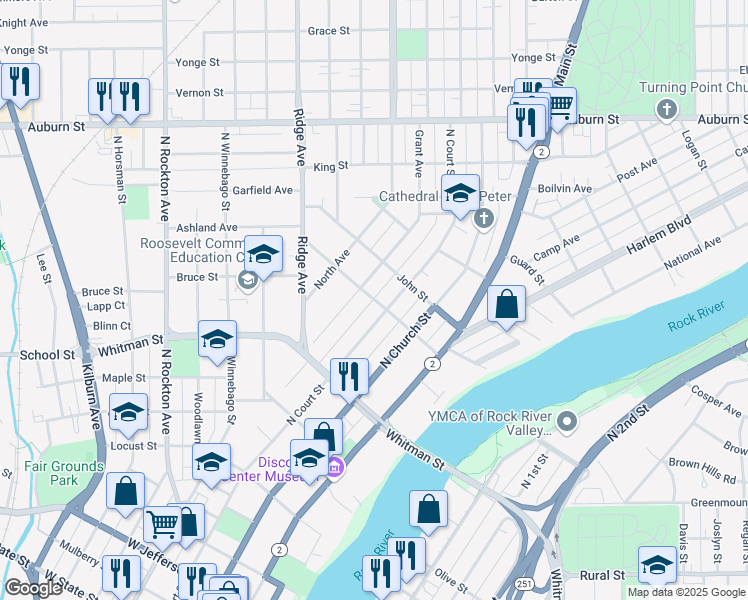 map of restaurants, bars, coffee shops, grocery stores, and more near 512 Napoleon Street in Rockford