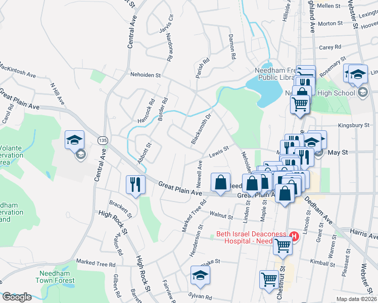 map of restaurants, bars, coffee shops, grocery stores, and more near 65 Blacksmith Drive in Needham