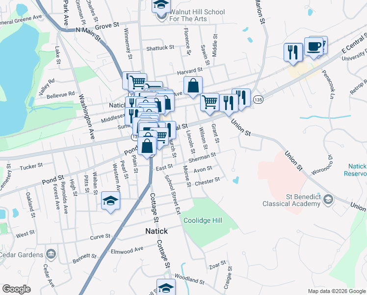 map of restaurants, bars, coffee shops, grocery stores, and more near 6 Morse Street in Natick