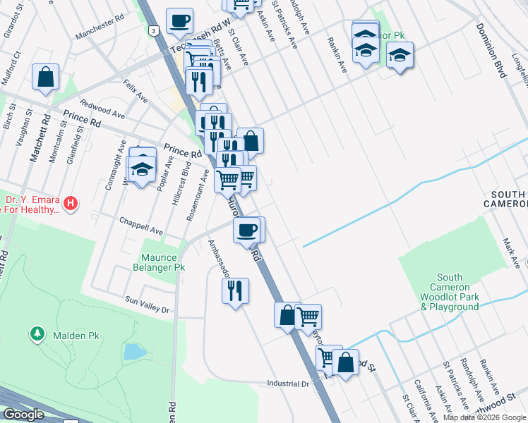 map of restaurants, bars, coffee shops, grocery stores, and more near 1805 Northway Avenue in Windsor