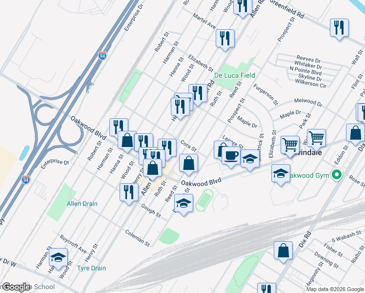 map of restaurants, bars, coffee shops, grocery stores, and more near 18043 Ruth Street in Melvindale