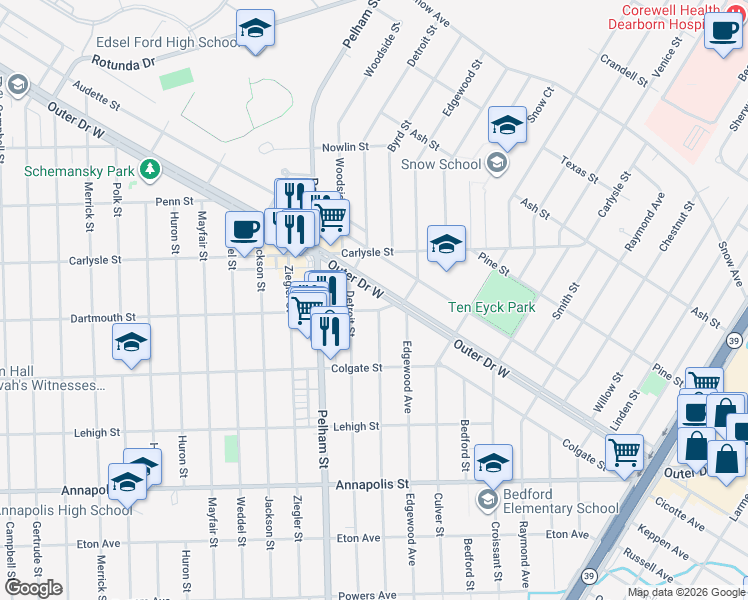 map of restaurants, bars, coffee shops, grocery stores, and more near 22291 West Outer Drive in Dearborn