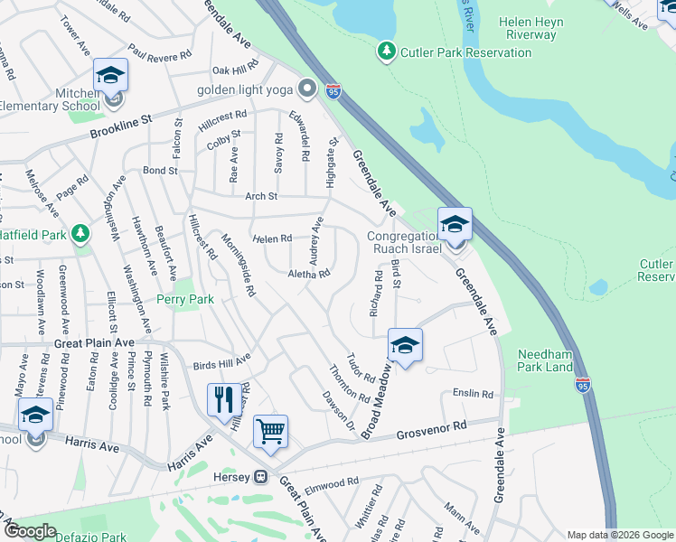 map of restaurants, bars, coffee shops, grocery stores, and more near 25 Aletha Road in Needham